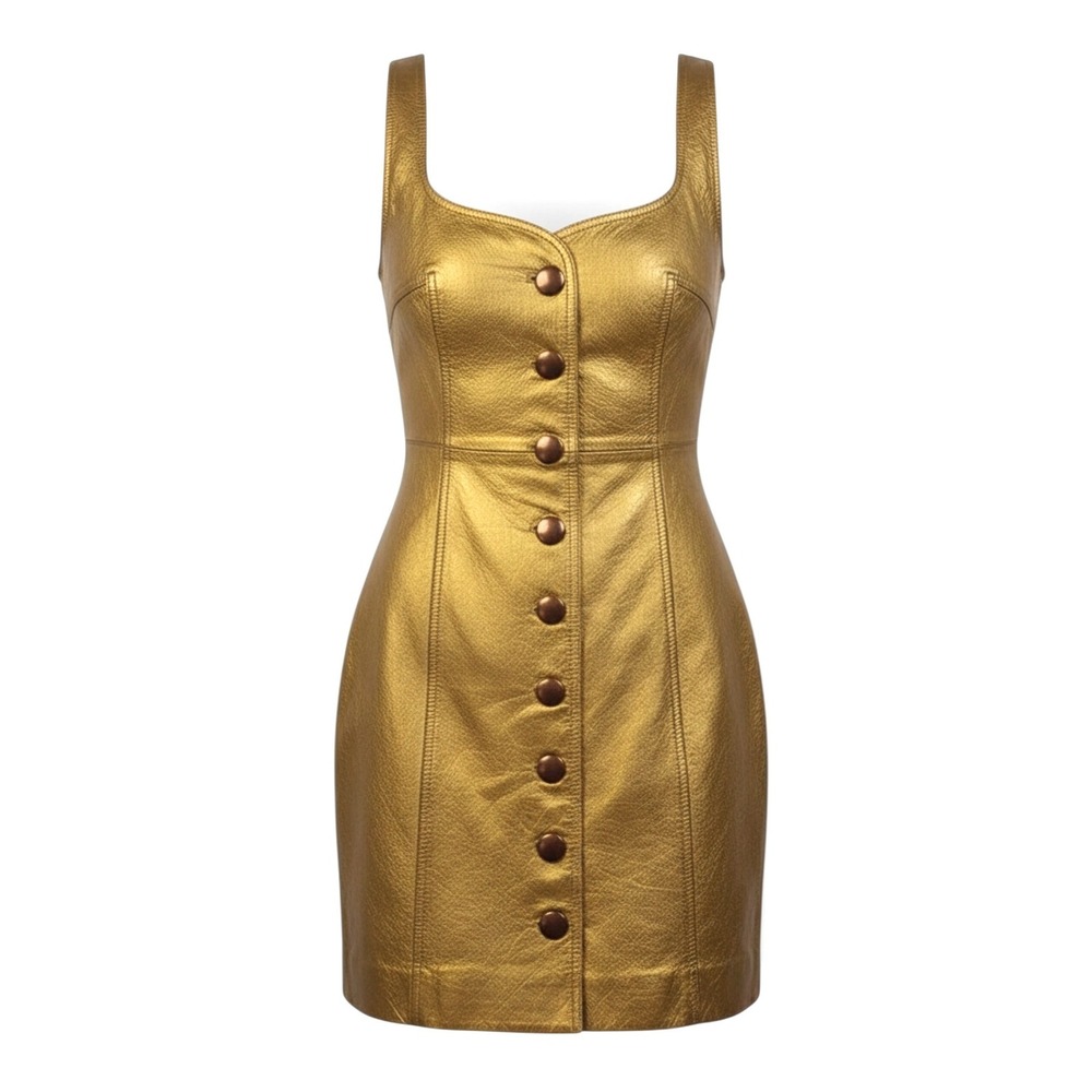 Free People Gold Metallic Real Leather Button Front Mini Dress Size 0 NWT